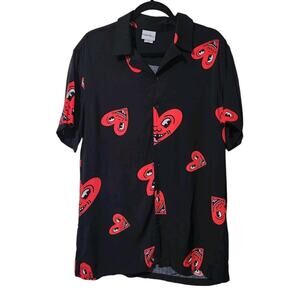 Keith Haring Camp Shirt Mens Black Red Graphic Button Up Heart Faded Sz M Rayon